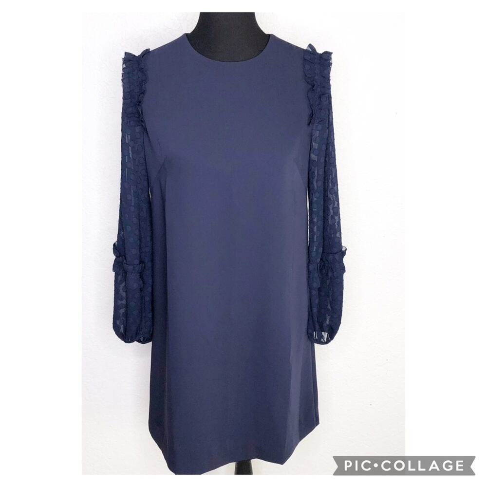 Ann Taylor navy blue sheer polka dot‎ sleeve shift dress size 4